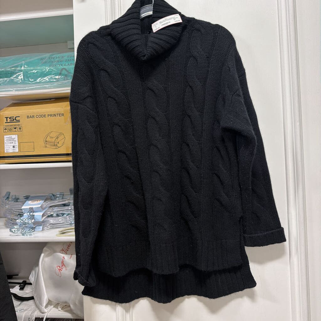 Black Cashmere Cable Knit Turtleneck Sweater