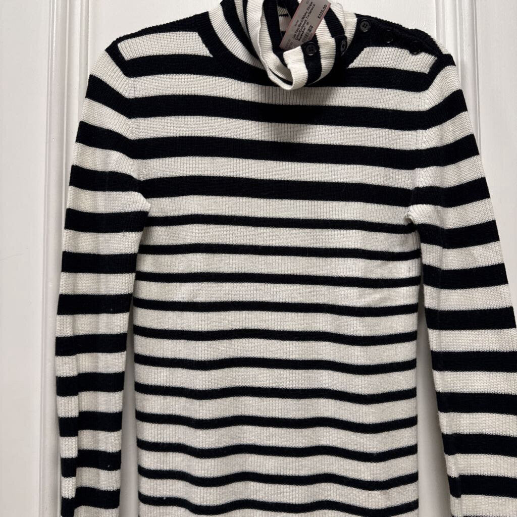 Black/White Stripe Cotton/Cashmere Turtleneck Sweater