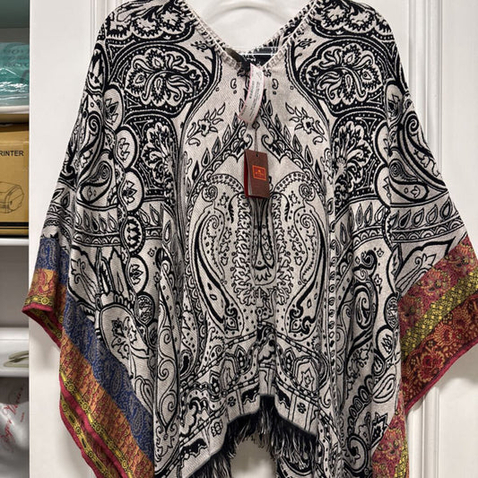 Black/White/Multi Cotton Blend Poncho (NWT)