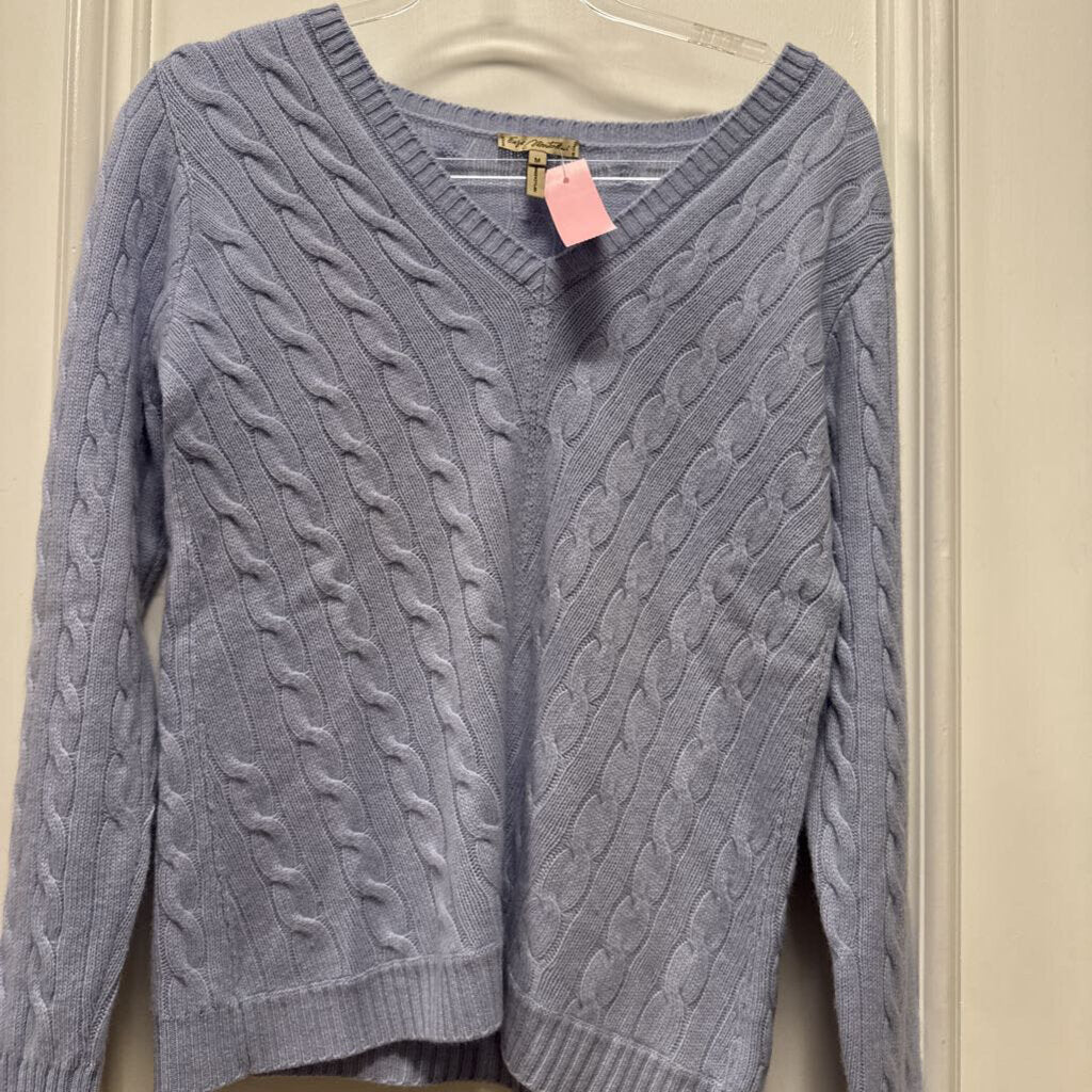 Blue Cashmere V Neck Cable Knit Sweater