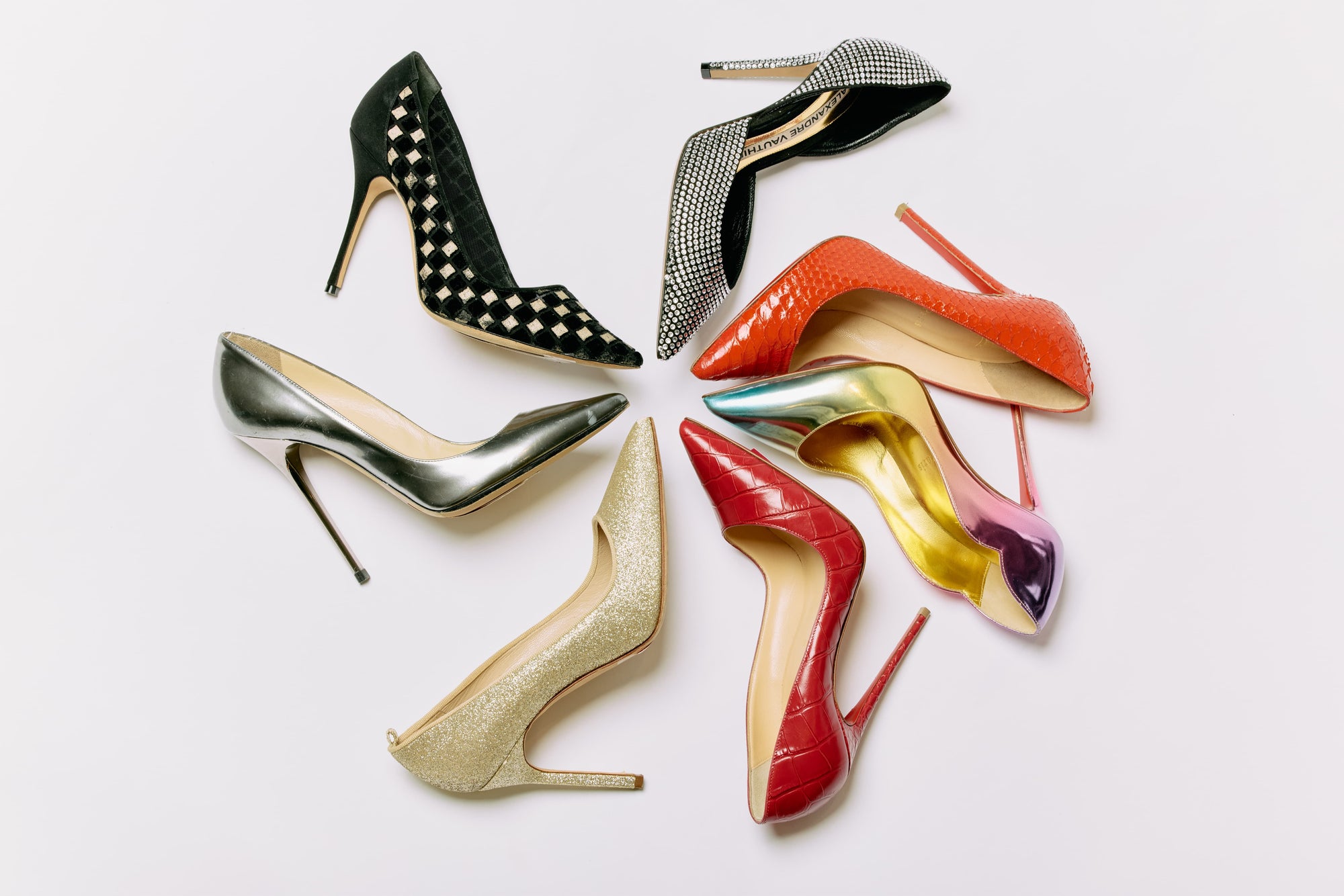 Designer shoes arranged editorially